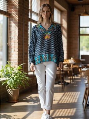 Women's silky Tolani Navy Blue Boho Embroidered V-Neck Top